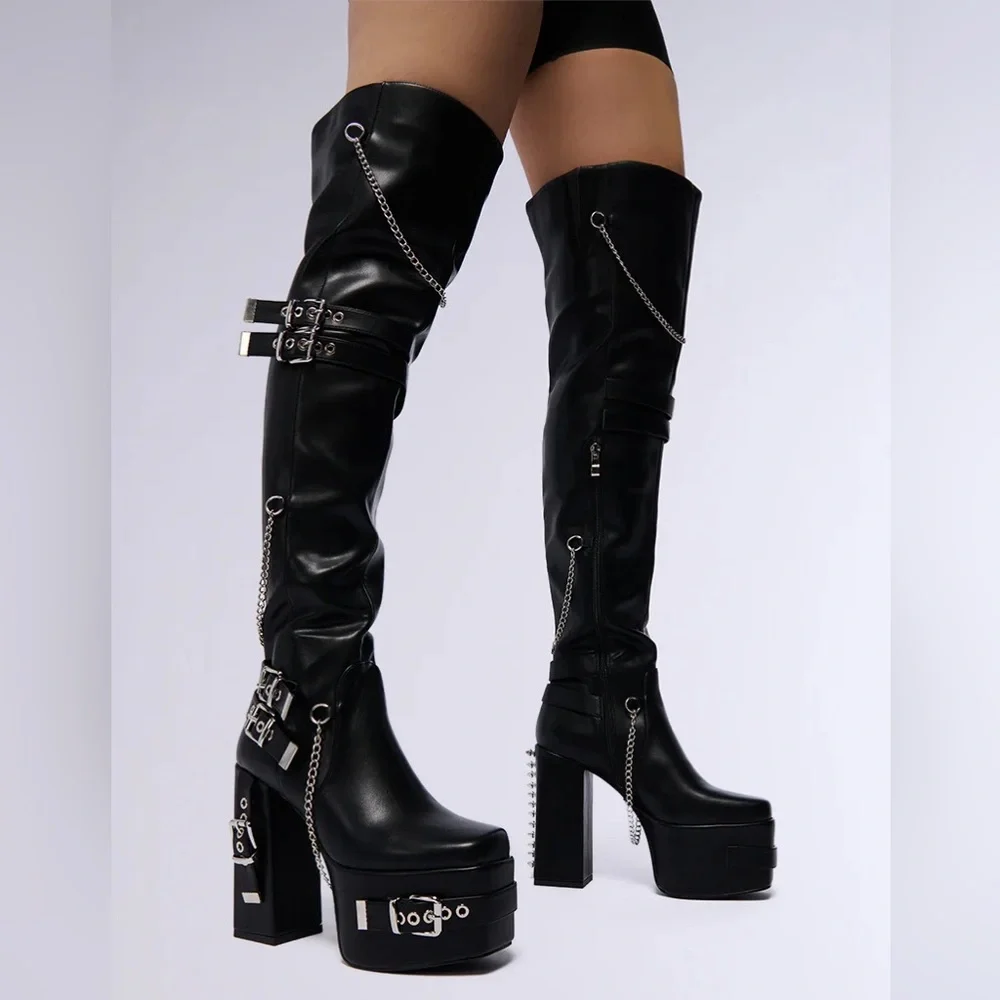 AZALEA WANG Black Leather Over the Knee Block Heel Boots
